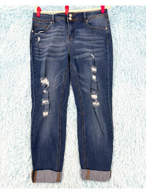 Indigo Rein Women's Size 17 Blue Distressed Roll Cuff Stretch Jeans Medium Wash
